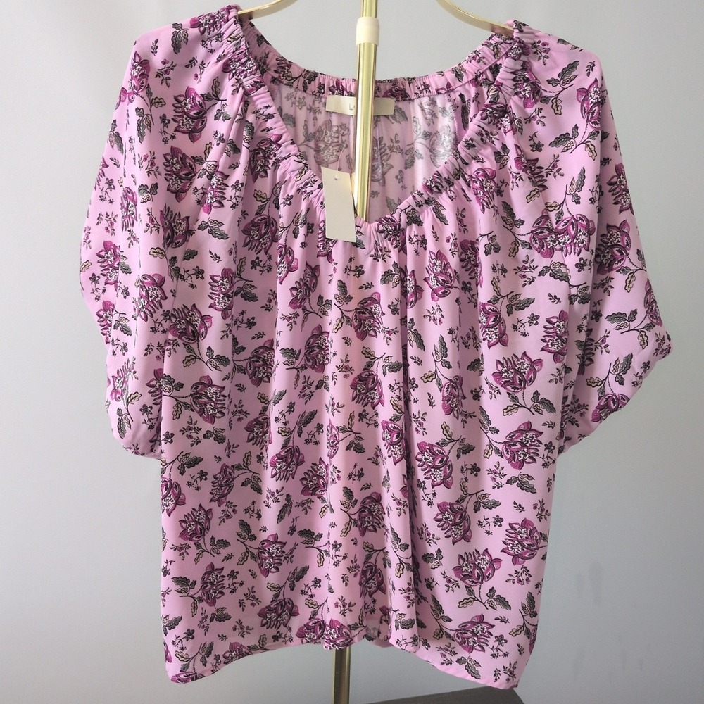 LOFT Floral Blouse Women XXL Pink V-Neck Short Sleeve Relaxed Fit Top NEW
